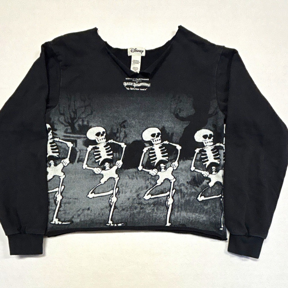 Disney Women's S Black Halloween Skeleton Graphic Print Fleece Altered Pullover